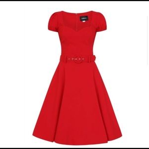 Red a line belted dress